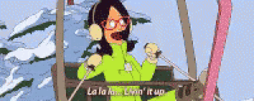 a cartoon of a woman riding a ski lift with the words la la la on the bottom