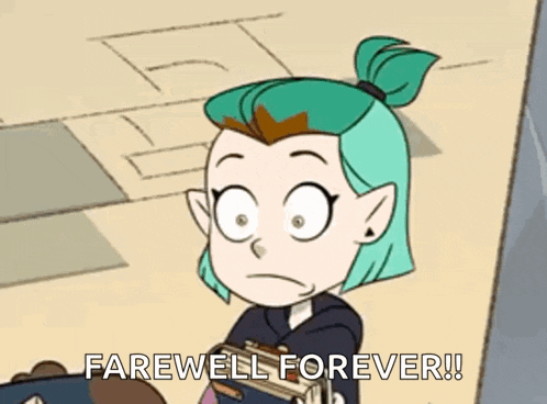 amity blight from the owl house is holding a book and says farewell forever .