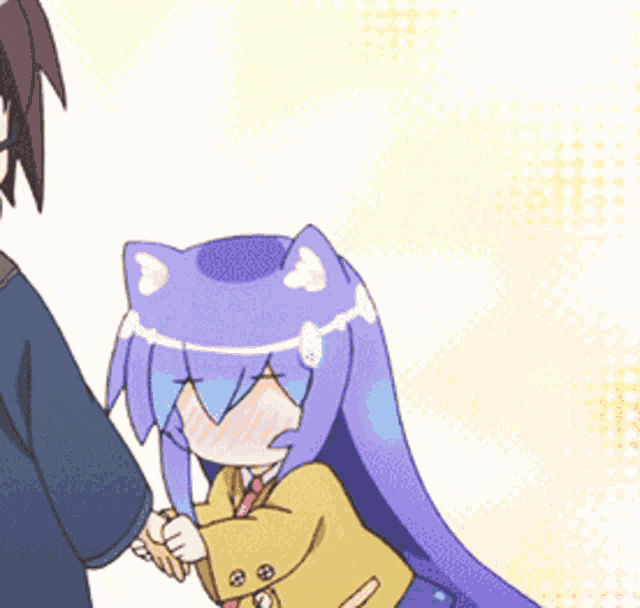 a man petting a girl with a cat ear