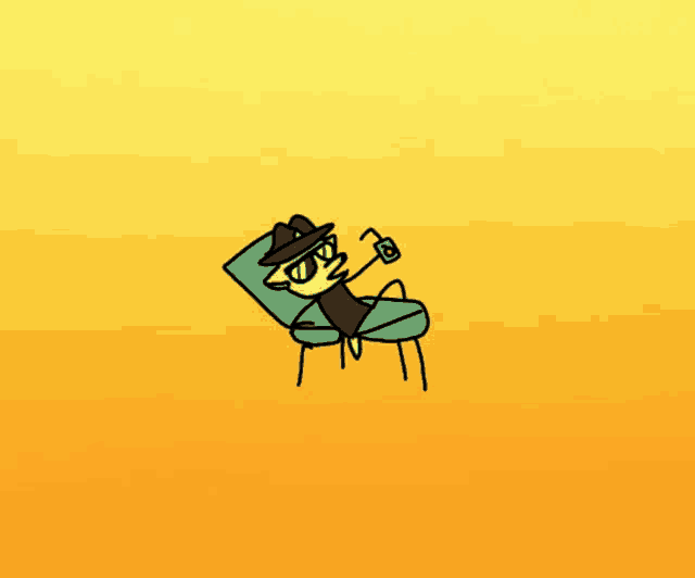 a cartoon character is sitting in a chair with a cell phone