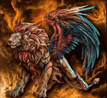 a painting of a lion with wings and a red mane