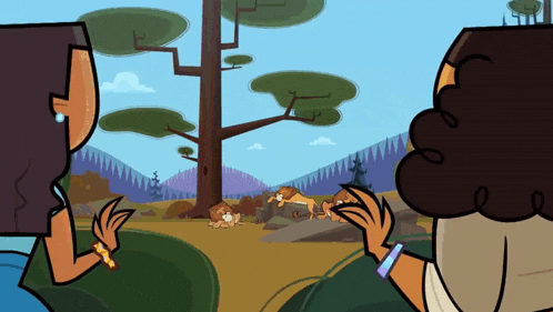 a cartoon of two women looking at a lion in a forest