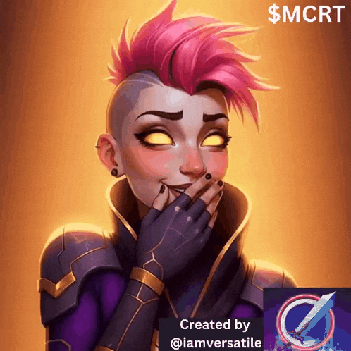 a cartoon of a woman with pink hair and yellow eyes covering her mouth