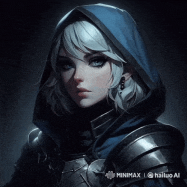 a painting of a woman with a blue hood and the words minimax and hailuo ai on the bottom