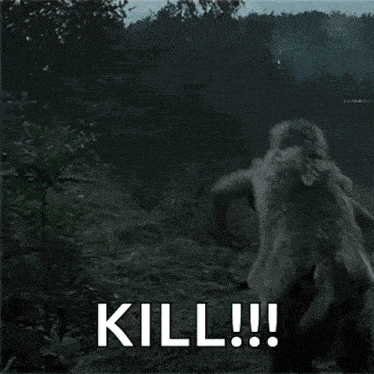 a man in a fur coat is running through a forest with the words kill written on the bottom