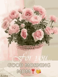 a vase filled with pink roses is on a table and says `` for you good morning mom '' .