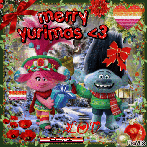 a christmas card with trolls and the words merry yurimas 23