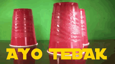 red cups are stacked on top of each other with the words ayo tebak written in yellow