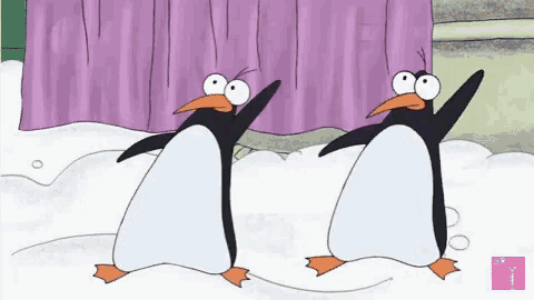 two cartoon penguins are dancing in front of a purple curtain