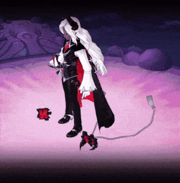 a cartoon character with long white hair and horns is standing on a pink background