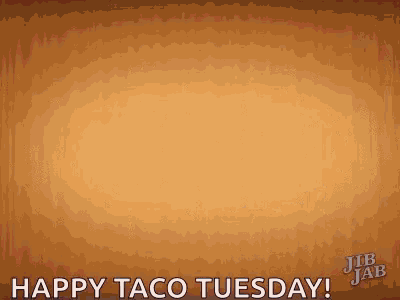 a happy taco tuesday greeting card with a wooden background .