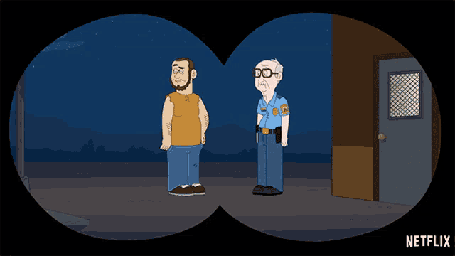 a cartoon of a man shaking hands with a police officer with a netflix logo in the corner