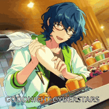 a man with blue hair and glasses is decorating cupcakes with frosting and the words goodnight cyberstars below him