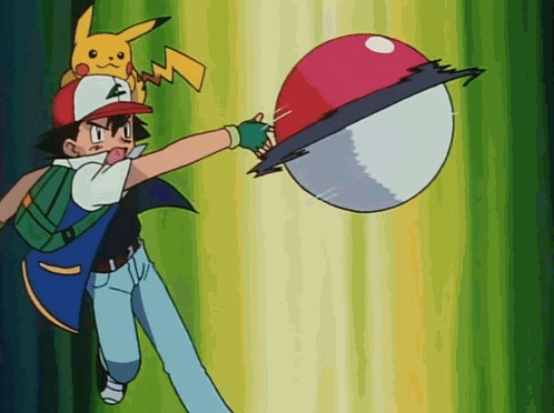 a cartoon of ash holding a pokeball with pikachu on his back