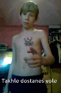 a shirtless boy has a tattoo on his chest and the text takhle dostanes vole