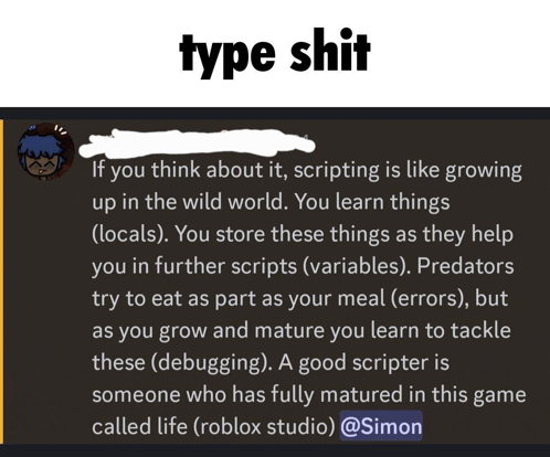 a screenshot of a text that says type shit on it