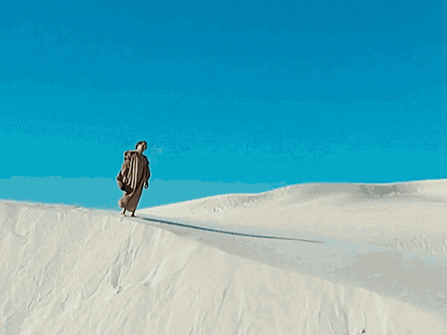 a person standing on top of a sand dune with a blue sky behind them
