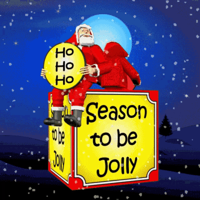 a cartoon of santa claus sitting on a box that says season to be jolly