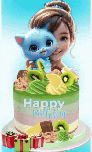 a birthday cake with a girl and a blue cat on it