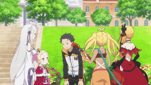 a group of anime characters are standing in front of a building with the letter h on their jacket