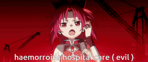 a picture of a girl with red hair and the words haemorroids / hospital care evil