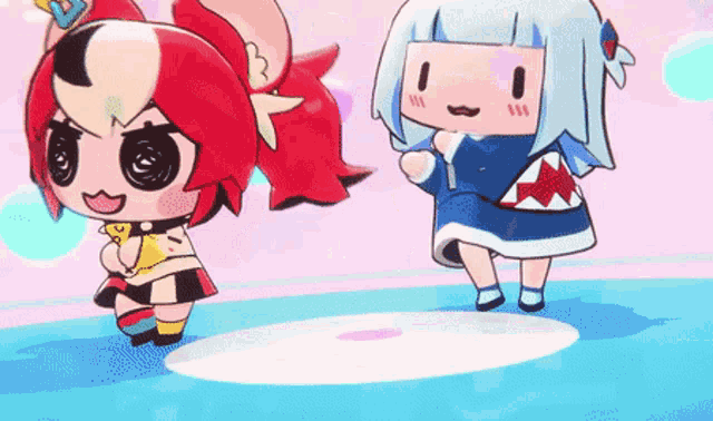 a couple of cartoon characters are dancing on a stage