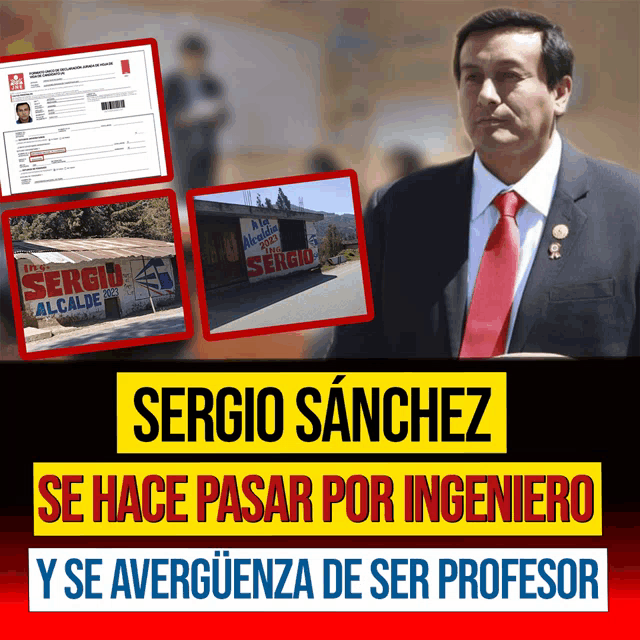 a man in a suit and red tie is standing in front of a sign that says sergio