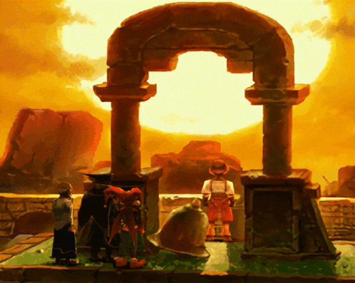 a painting of three people standing in front of a stone arch