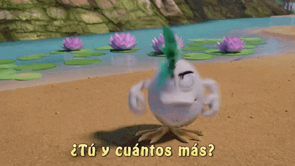 a cartoon character says " tu y cuantos mas " in front of purple flowers