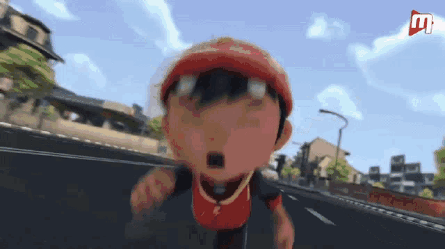 a cartoon character is running down a street with a red hat on .