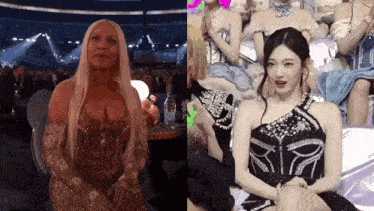 a woman in a gold dress is sitting next to a woman in a black dress at a concert .