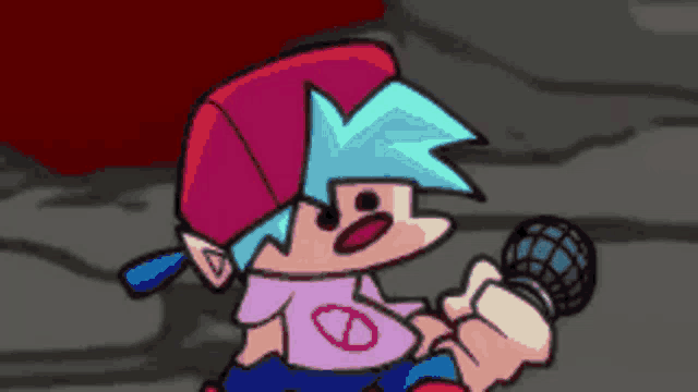 a cartoon character is singing into a microphone while wearing a hat .