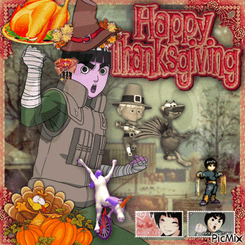 a happy thanksgiving greeting card with cartoon characters and a turkey