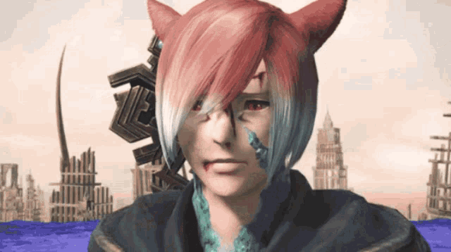 a cartoon character with red hair and white hair has a bloody face