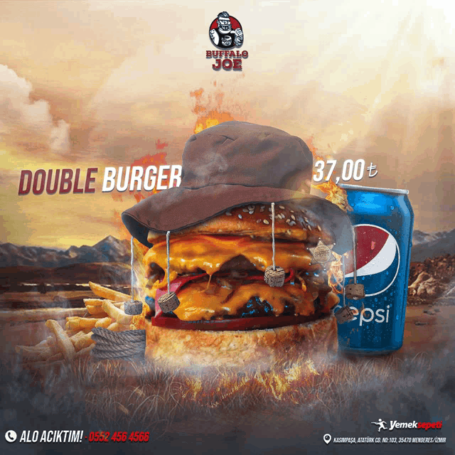a buffalo joe double burger with a pepsi can