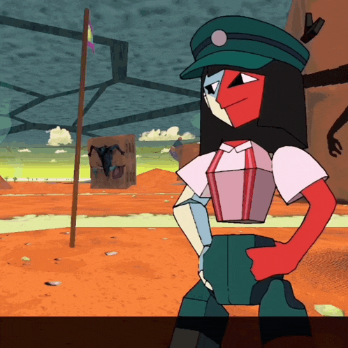 a cartoon character wearing a green hat stands in a field