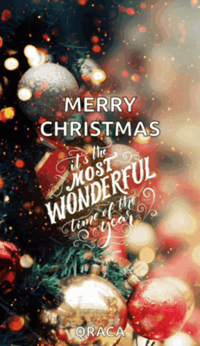 a merry christmas greeting card with a christmas tree and ornaments