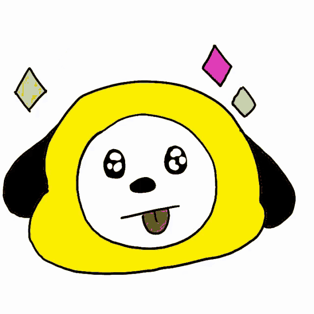 a drawing of a dog with a yellow face and black ears sticking its tongue out