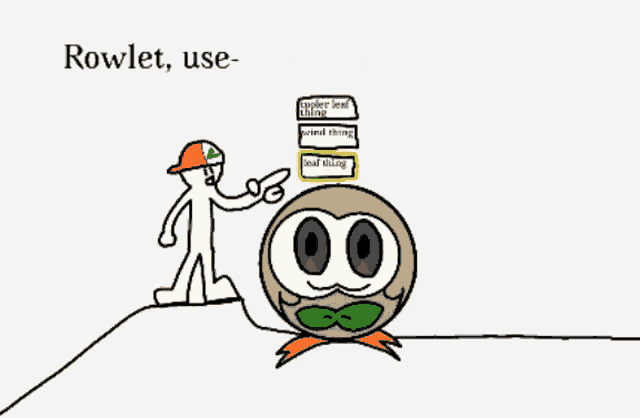 a drawing of a rowlet holding an axe and a man pointing at it