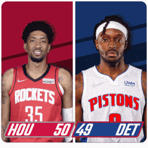 two basketball players from the rockets and pistons are shown