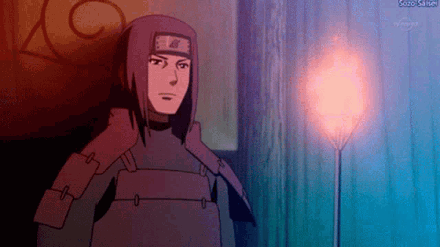a cartoon character is standing in front of a glowing red object .