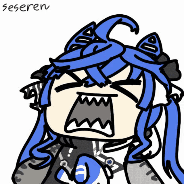 a cartoon drawing of a girl with blue hair and the word seseren written below it