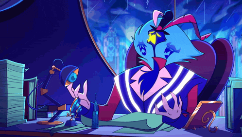 a cartoon character is sitting at a desk with a microphone