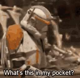 a clone trooper is kneeling down in front of a pile of bones and asking what 's this in my pocket .