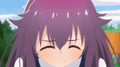 a girl with purple hair is smiling with her eyes closed and a blue sky in the background