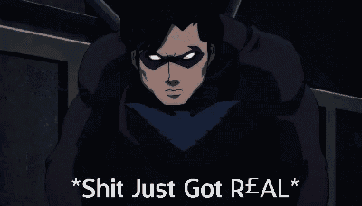 a cartoon of a man wearing a mask and the words " shit just got real "