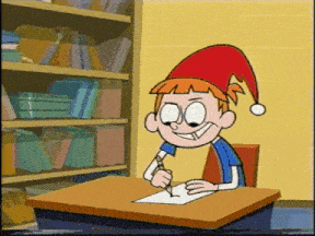 a cartoon of a boy wearing a red hat writing on a piece of paper