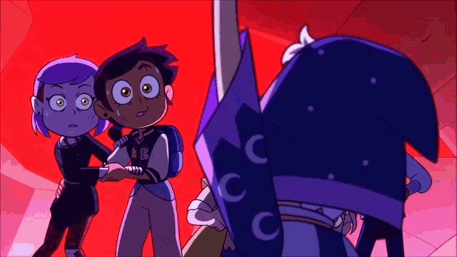 a group of cartoon characters are standing next to each other with one of them wearing a jacket with the letter e on it