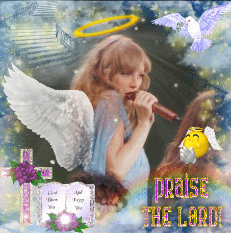 a picture of an angel holding a microphone with the words praise the lord