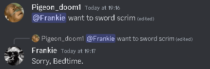 a screenshot of a conversation between frankie and pigeon_doom1
